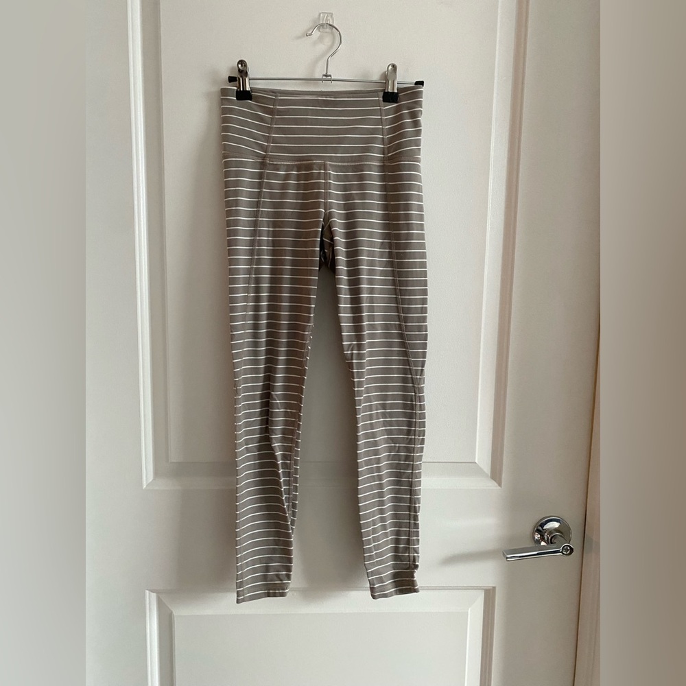 Athleta Taupe and White Striped Leggings